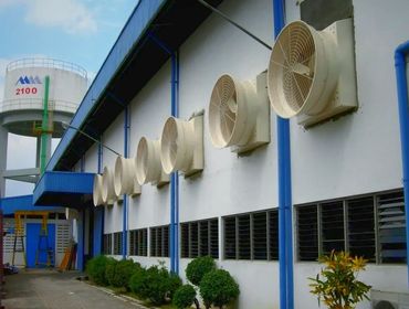 Row of industrial exhaust fans mounted on the exterior wall of a factory building